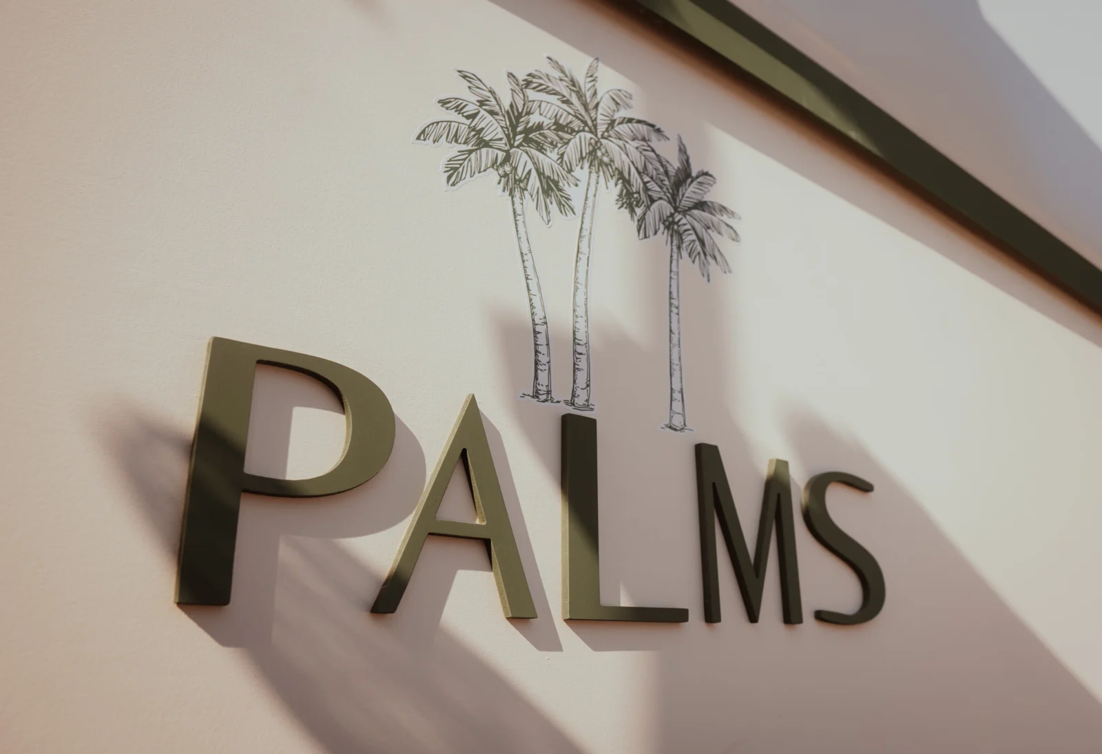 PALMS lettering on the café counter