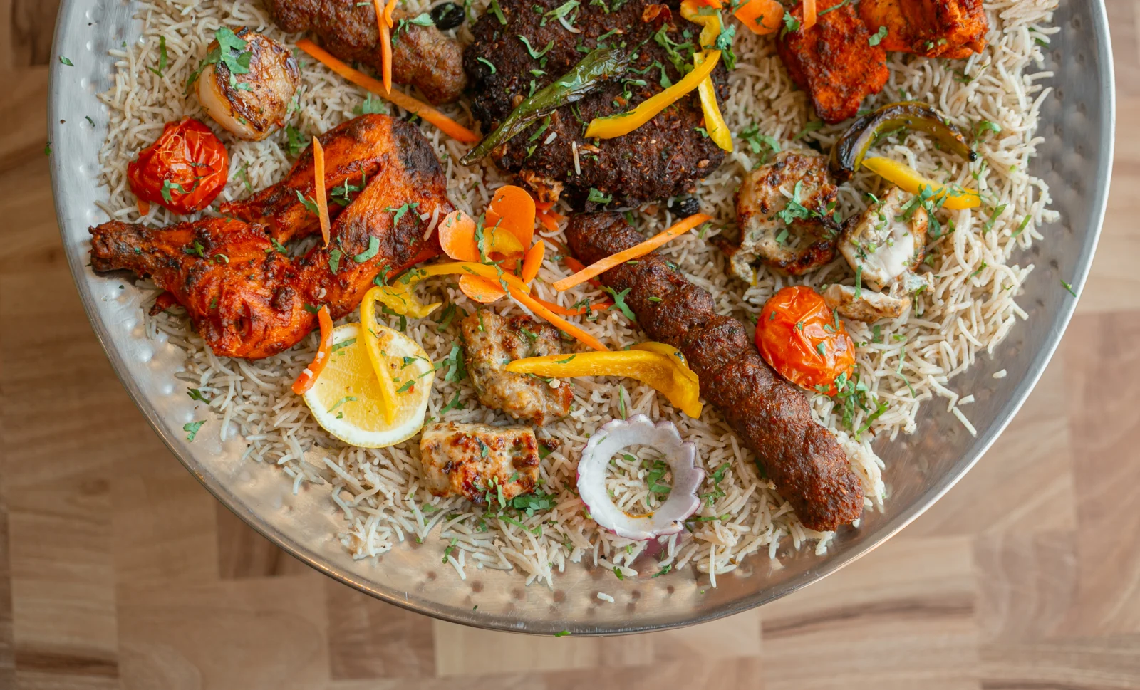 Overhead view of a colorful Kebabbq Tonight platter